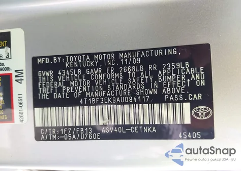2010 Toyota Camry Le z USA, uszkodzony, nr VIN 4T1BF3EK9AU084117